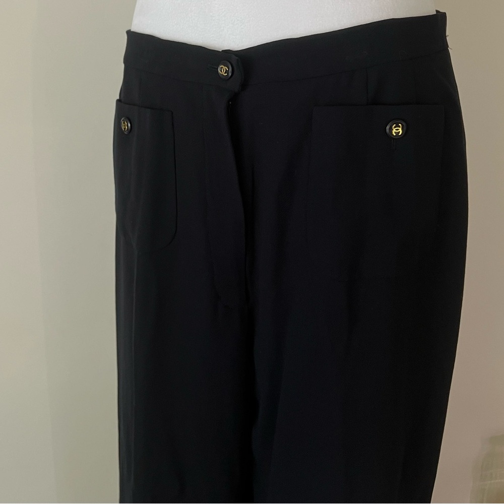 Vintage CHANEL Boutique Black Wide-Leg Trousers,CC Logo Buttons,Classic Timeless